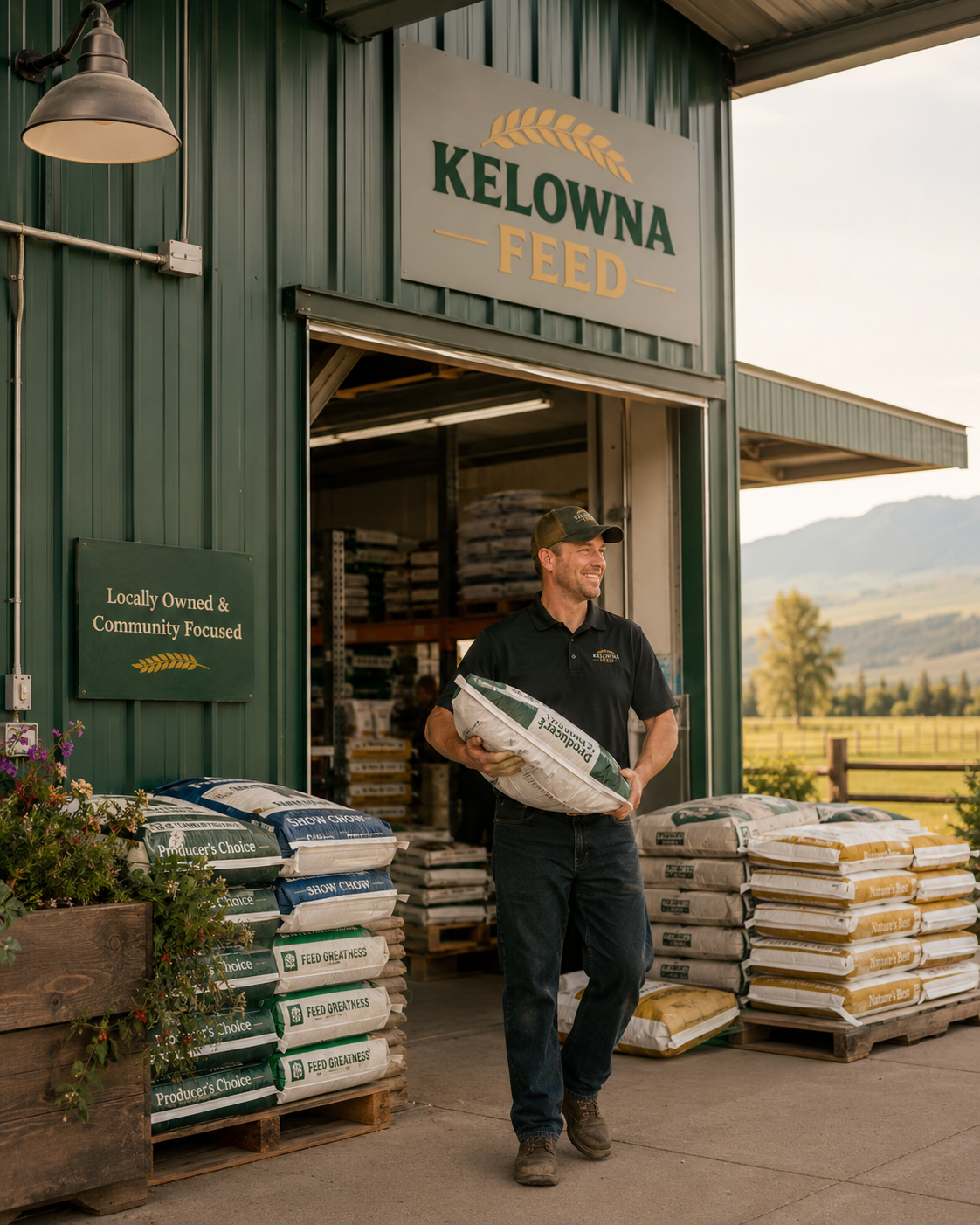 Kelowna Feed staff member carrying feed for pickup