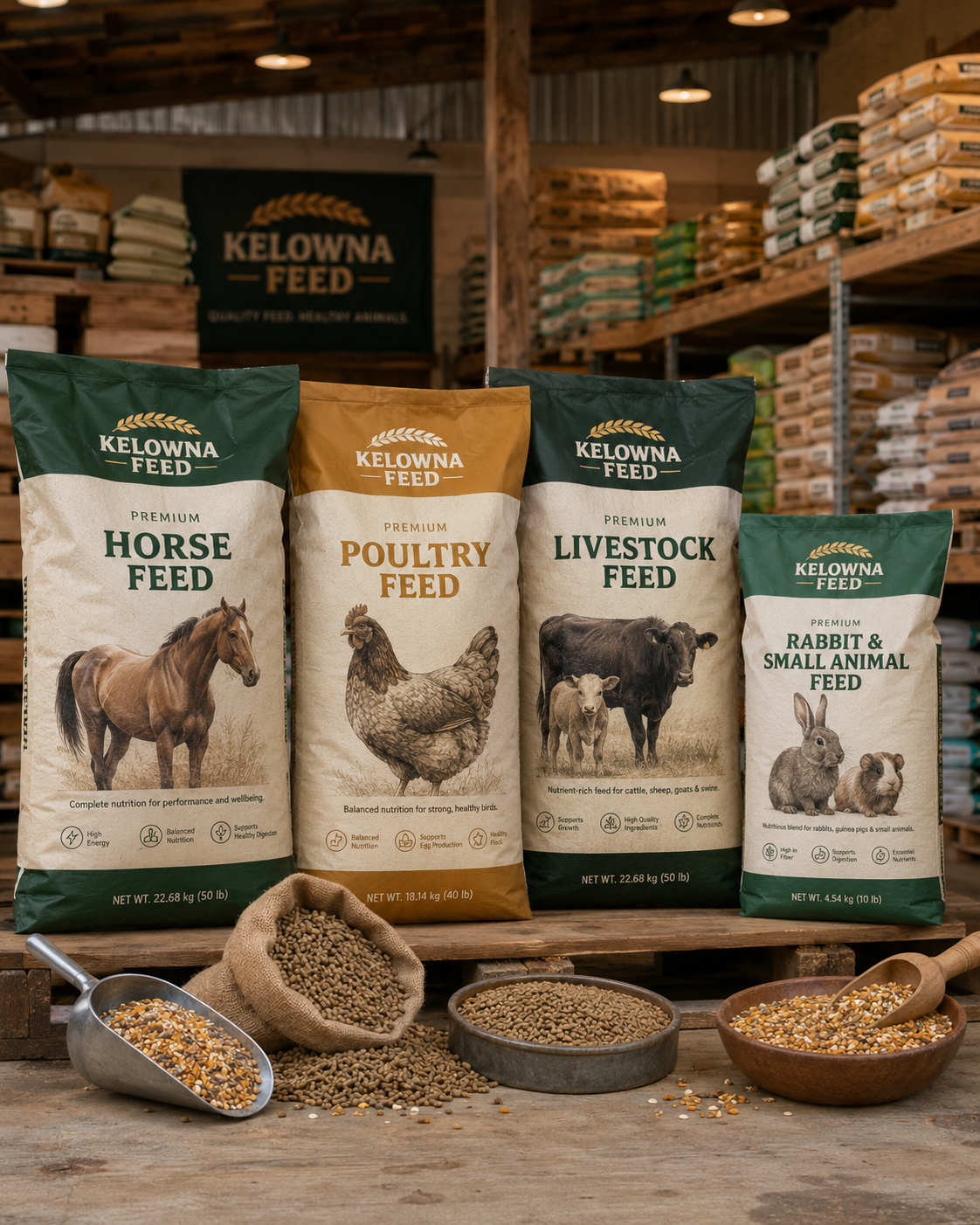 Assorted feed bags displayed in the Kelowna Feed store