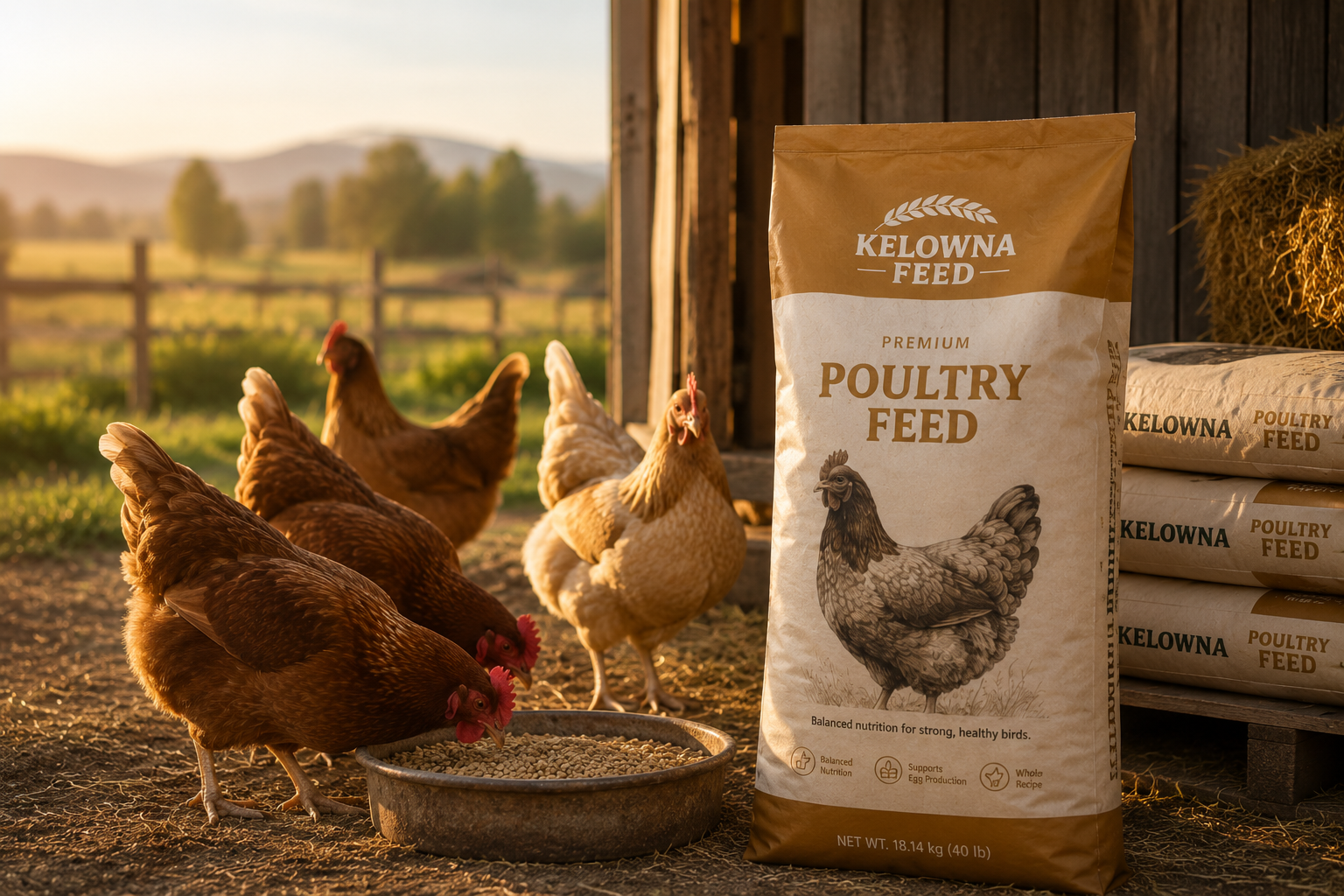 Hens eating poultry feed beside a Kelowna Feed bag